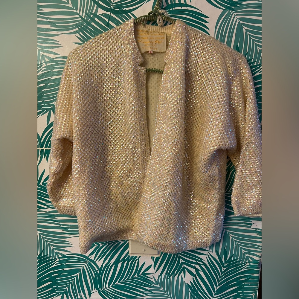 Vintage Princess Pat Riviera sequin beaded cardigan 60’s 100% loomed wool